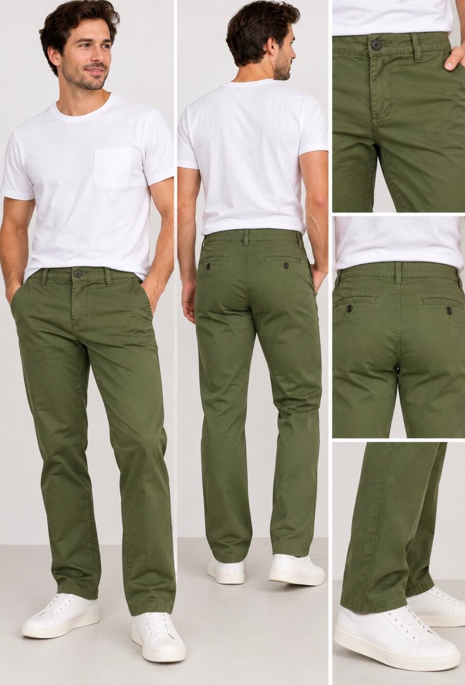 Match 麻吉 Men’s Olive Green Chino Pants Straight Leg Casual Minimalist